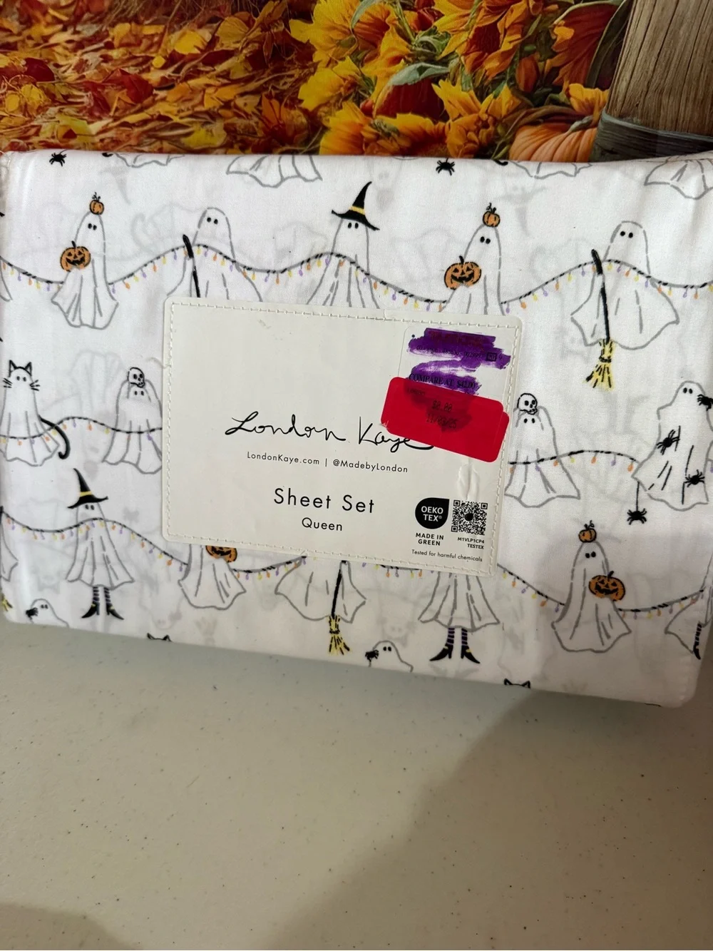 London Kaye Queen Sheet Set - White Halloween Ghost & Cat Print